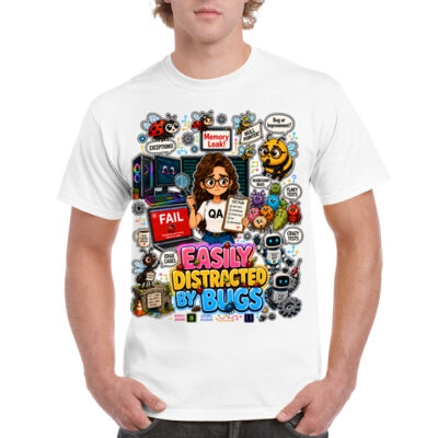 Easily Distracted by Bugs T-Shirt | Bug Geek Illustration, Cute Insect Sticker Collage for QA, Tester, Test Analyst, Testing Thumbnail