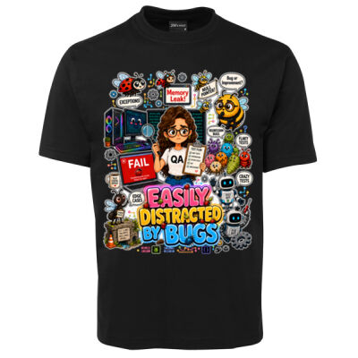 Easily Distracted by Bugs T-Shirt | Bug Geek Illustration, Cute Insect Sticker Collage for QA, Tester, Test Analyst, Testing Thumbnail