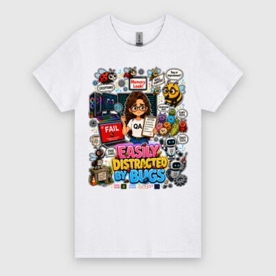 Easily Distracted by Bugs T-Shirt | Bug Geek Illustration, Cute Insect Sticker Collage for QA, Tester, Test Analyst, Testing Thumbnail